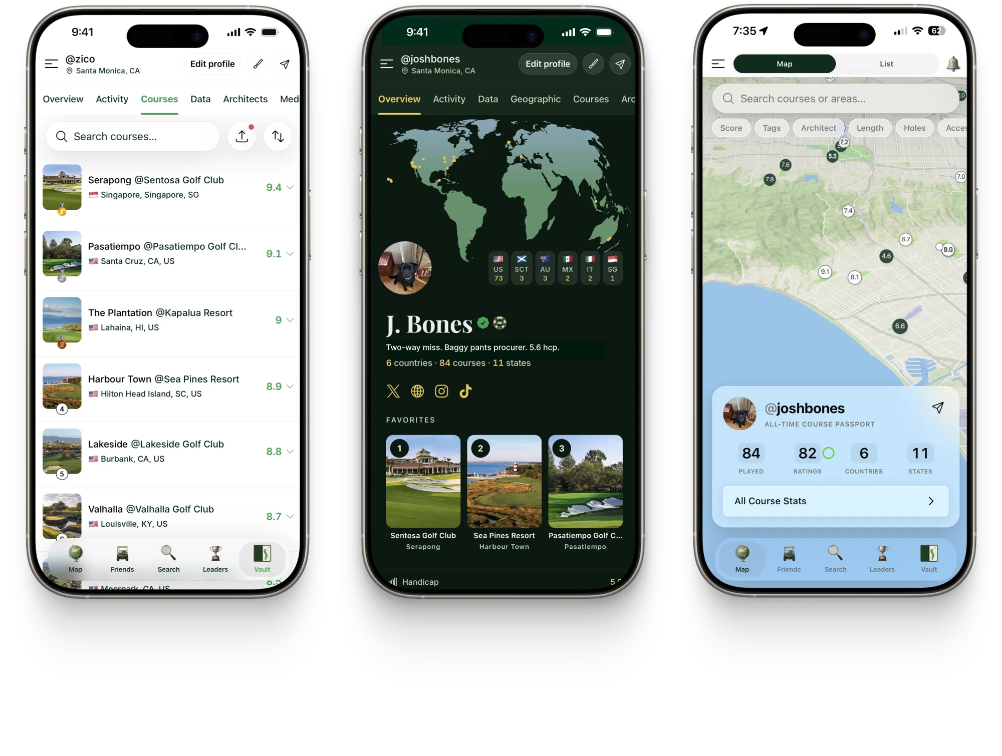 Course Vaults on iPhone — courses list, profile passport, and map