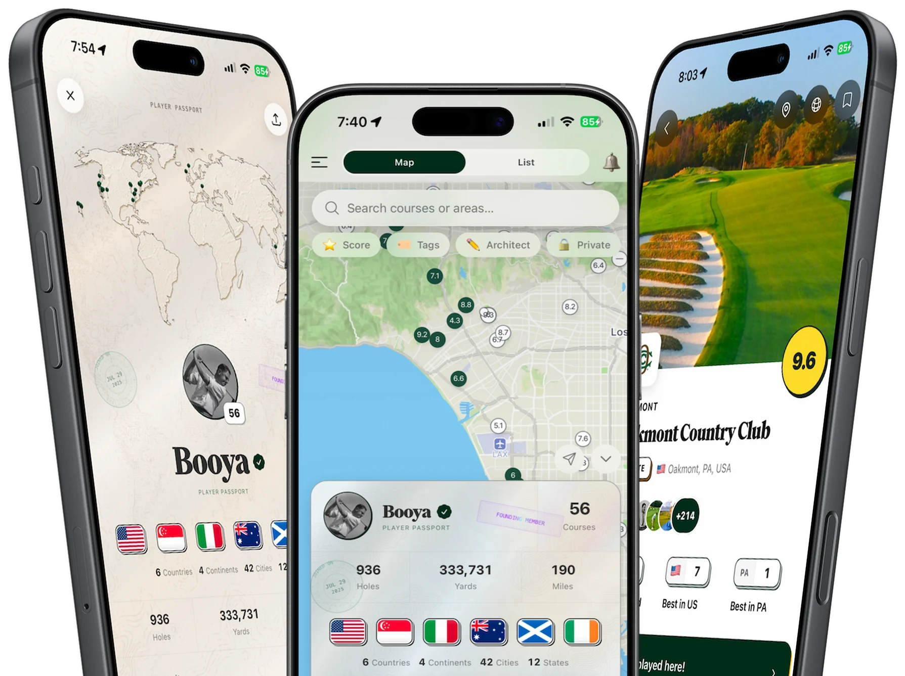 Course Vaults on three iPhones: player passport, map discovery, and course detail